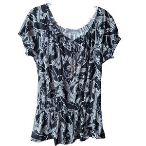 Croft & Barrow Black White Paisley Peasant Blouse Women's Medium Stretch